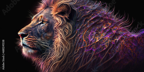 Close-up lion with neon colored knight