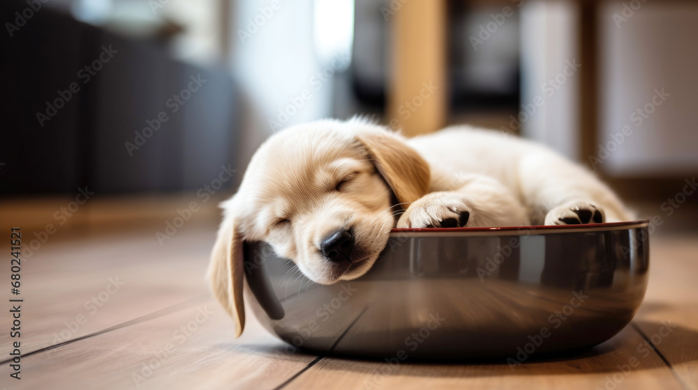 Cute little puppy fell asleep in a bowl close-up