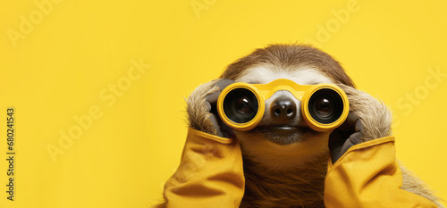 A cheerful sloth looks through binoculars on a yellow background. Banner, copyspace photo