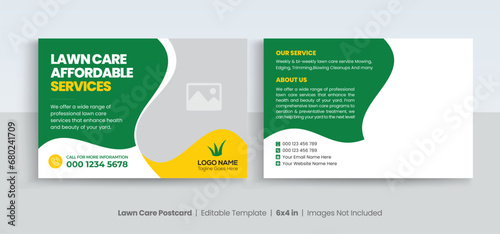 Lawn Mower Garden or Landscaping Service Postcard Template. Eddm Postcard Design, Event Card Design, Direct Mail Template, Invitation Design. leaflet, grass, equipment, gardener