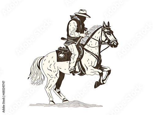 A Man Riding A Horse - a cowboy riding a horse one color wood cut prin © netsign