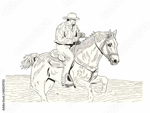 A Man Riding A Horse - a cowboy riding a horse one color wood cut prin