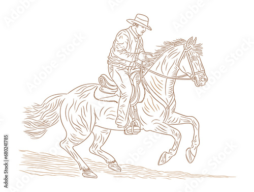 A Man Riding A Horse - a cowboy riding a horse one color wood cut prin