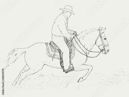 A Drawing Of A Man Riding A Horse - a cowboy riding a horse one color wood cut prin