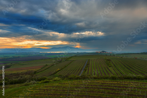 Beautiful landscape of Palava - Morava Czech Republic Europe. Vineyards and lakes. Dramatic sky at sunset.