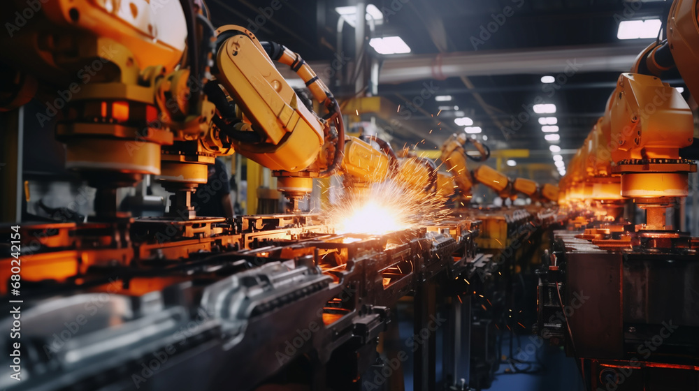 factory scene: welding machine creates metal object with robots.