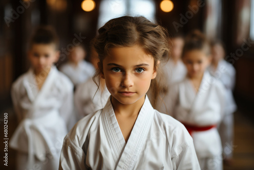 Portrait of a child in a kimono in the hall against the background of other children, taekwondo lesson photo