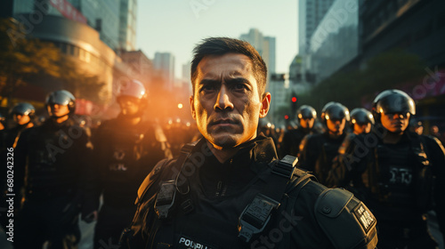 Young Asian man in black police uniform observes crowd in city. Serious, focused mood suggests high alert in tense environment. fictional location photo