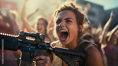 Young women protest with ri...