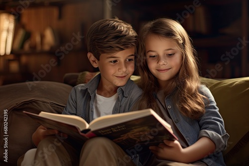 A boy and a girl look at reading a book together