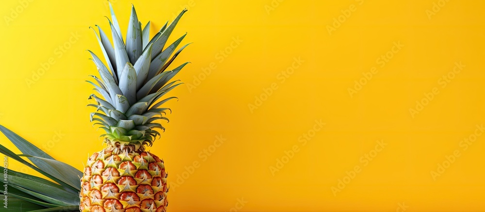In the lush tropical background, a yellow pineapple plant thrived, offering a healthy and natural fruit known for its nutrition-packed properties, making it a perfect addition to any diet focused on - obrazy, fototapety, plakaty 