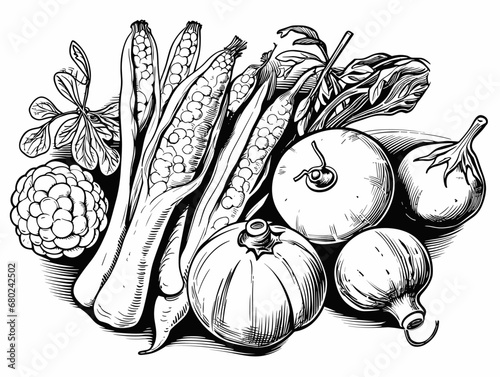 A Black And White Drawing Of Vegetables - A selection of fresh vegetables ready to prepare a meal