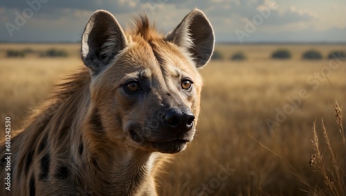 realistic portrait of a hyena on the prairie