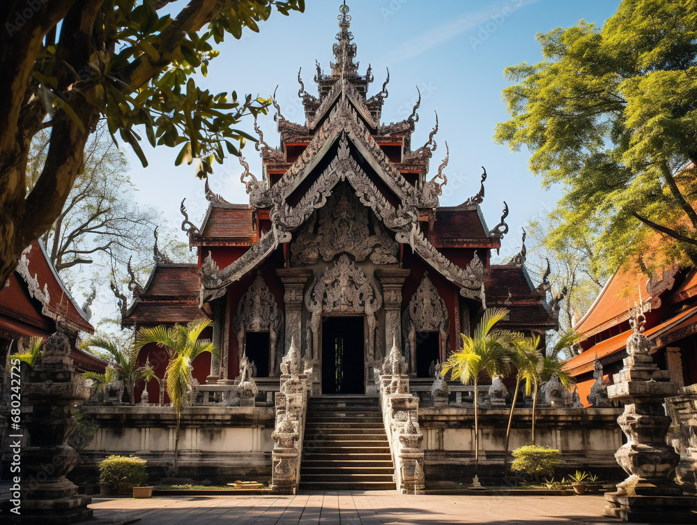 A stunning Asian temple displaying exquisite architecture and intricate details, surrounded by serene nature.