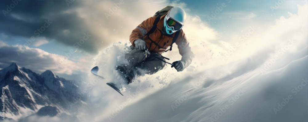 Snowboarder on winter slope in speed. Snowboarder jumping through snowy air.