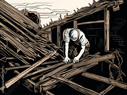 A Man Working On A Broken Roof - a woman working intensive on a house constructio