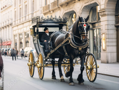 A charming horsedrawn carriage showcasing tradition, gracefully moving on a bustling city street.