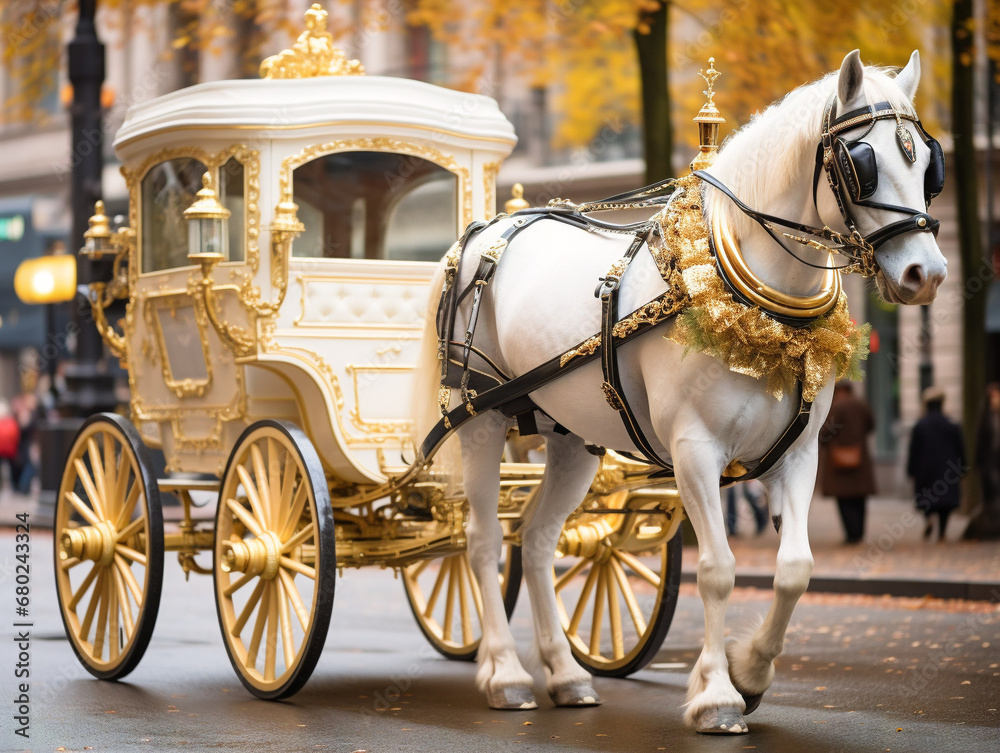 A vintage horsedrawn carriage gracefully maneuvers through a bustling city street surrounded by modern buildings.