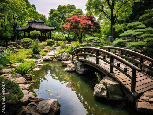  Serene Japanese garden oasis  adorned with colorful koi fish  surrounded by lush greenery and tranquility. 