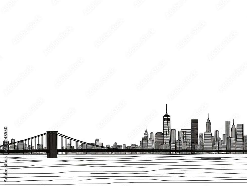 Naklejka premium A Bridge Over Water With A City In The Background - Brooklyn bridge and manhattan skyline