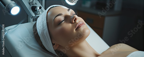 woman taking radiolifting procedure in beauty salon, relaxed young woman having radiolifting on her face. photo