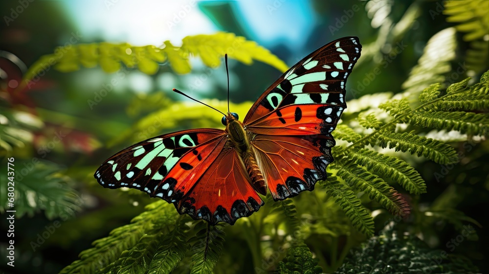 Fototapeta premium Closeup butterfly on a leaf in the forest