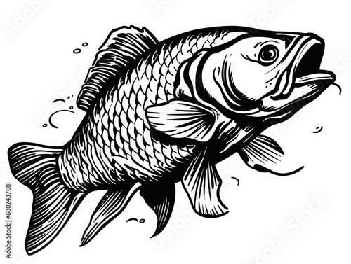 A Black And White Drawing Of A Fish - Carp fish cartoon. Vector illustration.
