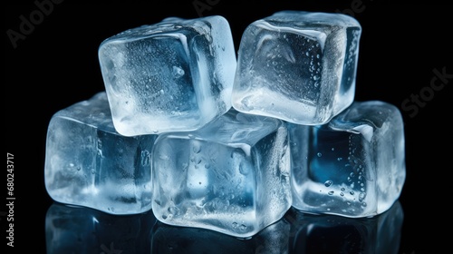 Close-up of several crystal ice cubes on a black background