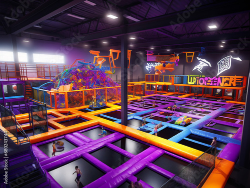 A vibrant trampoline park filled with people bouncing and having fun on multiple trampolines.
