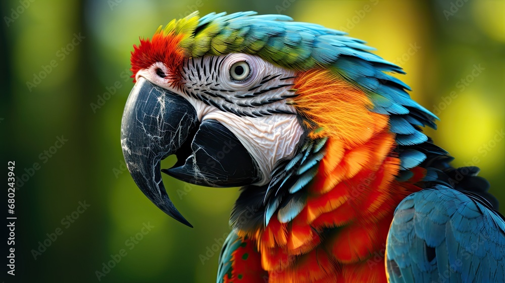 Close up of a macaw parrot on a blurred forest background