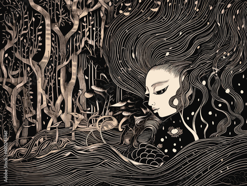 A Woman With Long Hair In A Forest - Chinese printmakers carve exquisite prints.