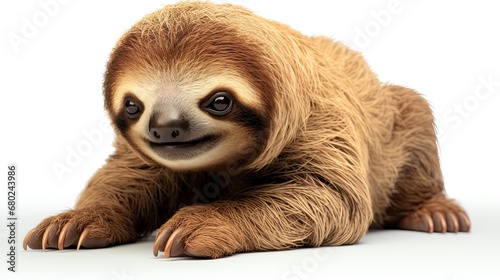 Close up portrait of a cute baby sloth lies on isolated white background, front view © GulArt