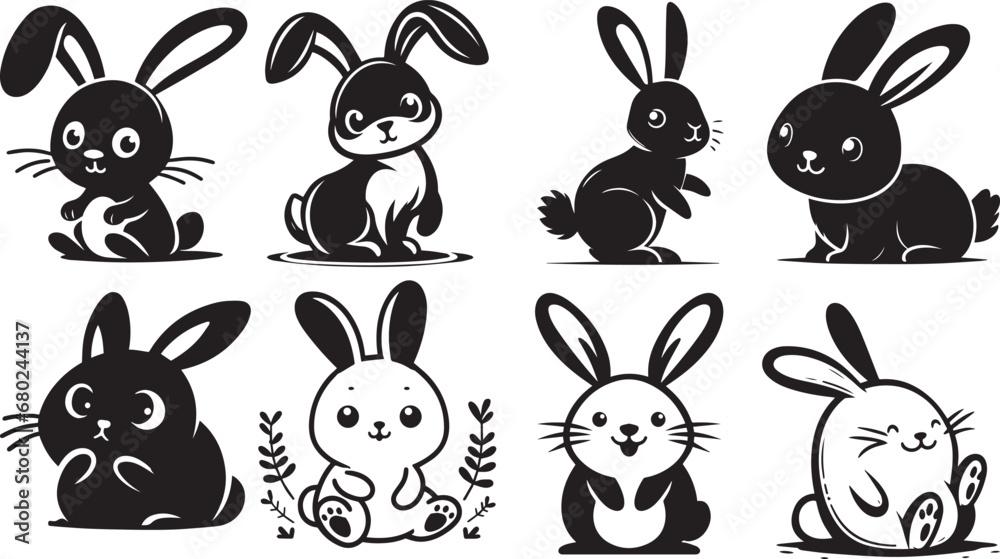 Funny Rabbit Silhouettes Cute Rabbit Vector EPS SVG File - obrazy, fototapety, plakaty 