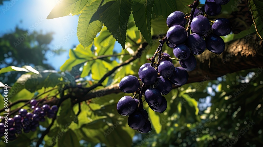 Close up jaboticaba on a tree with leaves and sky view Close up jaboticaba on a tree with leaves and sky view