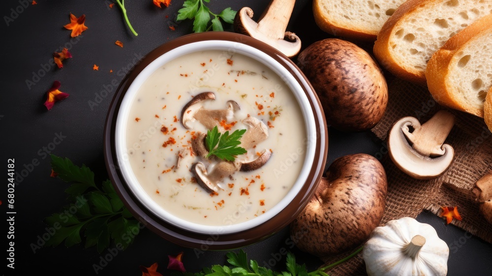 Mushroom champignon cream soup with bread crouton on a black table, top view angle Mushroom champignon cream soup with bread crouton on a black table, top view angle
