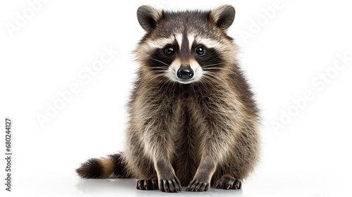 Close up of a raccoon sitting on isolated white background, front view