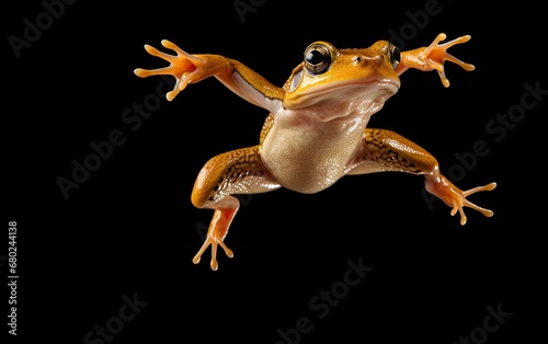 Tree frog jumping isolated on black background
