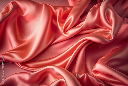 Closeup of rippled red silk fabric, Generative AI.