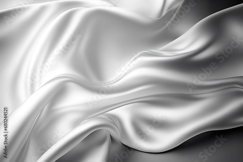 Closeup of rippled white silk fabric on black background.   Generative AI.