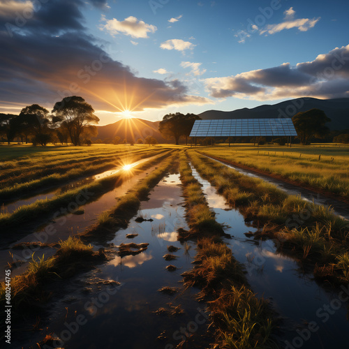 A captivating scene of solar panels on a vast farm illuminated by the gentle light of the sunrise