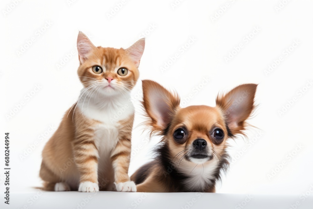 Lifestyle portrait photography of a curious chihuahua being with a pet cat against a white background. With generative AI technology