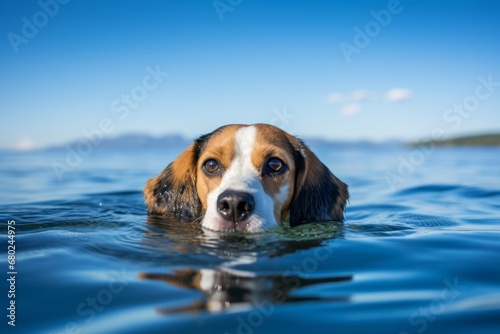Environmental portrait photography of a cute beagle swimming in a lake against a white background. With generative AI technology