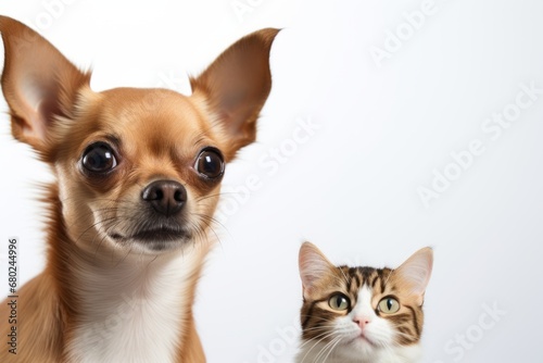Lifestyle portrait photography of a curious chihuahua being with a pet cat against a white background. With generative AI technology © Markus Schröder