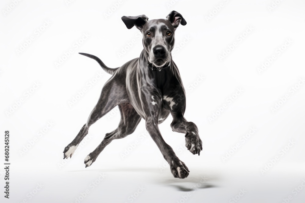 Lifestyle portrait photography of a funny great dane chasing his tail against a white background. With generative AI technology Lifestyle portrait photography of a funny great dane chasing his tail against a white background. With generative AI technology