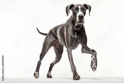 Lifestyle portrait photography of a funny great dane chasing his tail against a white background. With generative AI technology