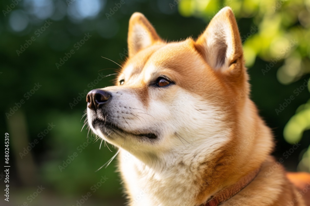 Studio portrait photography of a curious akita inu scratching nose against a white background. With generative AI technology