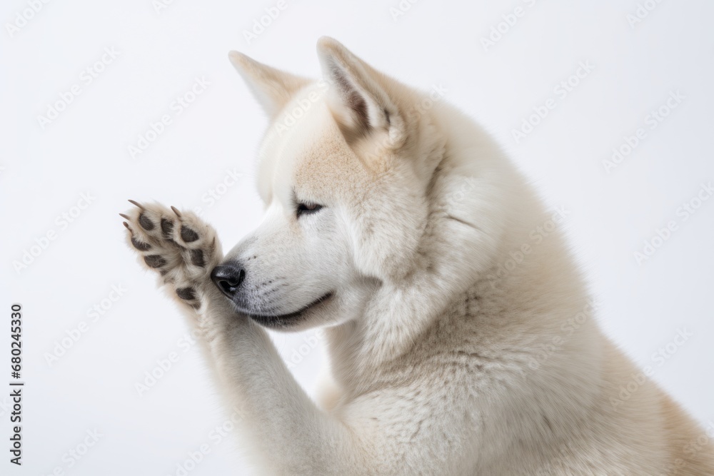 Studio portrait photography of a curious akita inu scratching nose against a white background. With generative AI technology