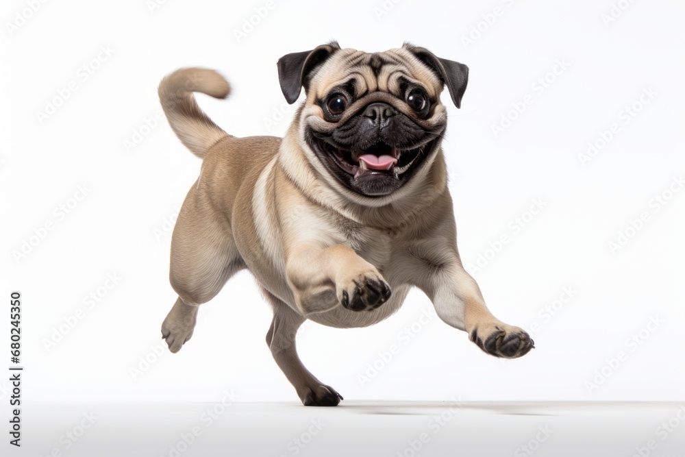 Full-length portrait photography of a funny pug chasing his tail against a white background. With generative AI technology