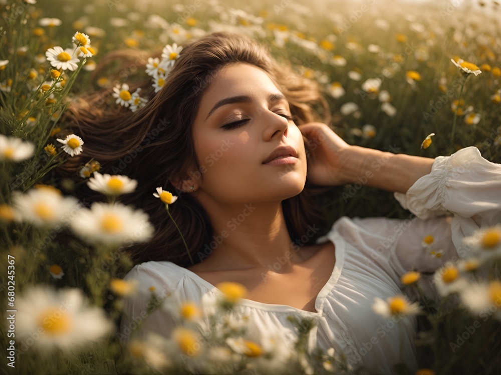 Image of a beautiful young woman lying in a field of chamomile flowers, embodying serenity, peace, and bliss. Her tranquil expression and connection with nature reflect gratitude Image of a beautiful young woman lying in a field of chamomile flowers, embodying serenity, peace, and bliss. Her tranquil expression and connection with nature reflect gratitude