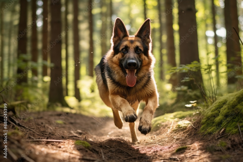 Lifestyle portrait photography of a happy german shepherd chasing his tail against a forest background. With generative AI technology